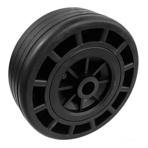 Roller/wheel with technopolymer core and rubber coating.