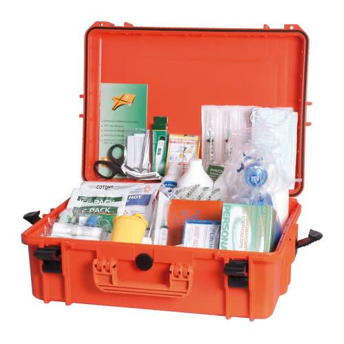 First aid kit, Table A, in IPX7 watertight case. Made in compliance with Ministerial Decree 10/03/2022 in force as of 10/05/2022.