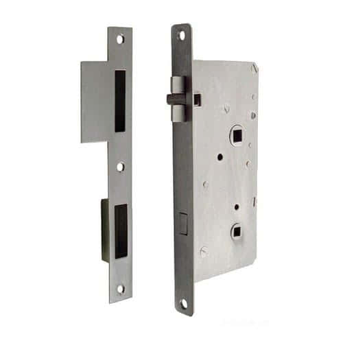 Vibration dampening lock, flush mount, fitted with internal locking system, designed for toilets. External safety locking