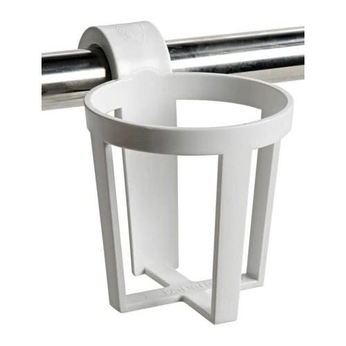 Plastic universal glass holder for snap-in mounting on pulpits and handrails